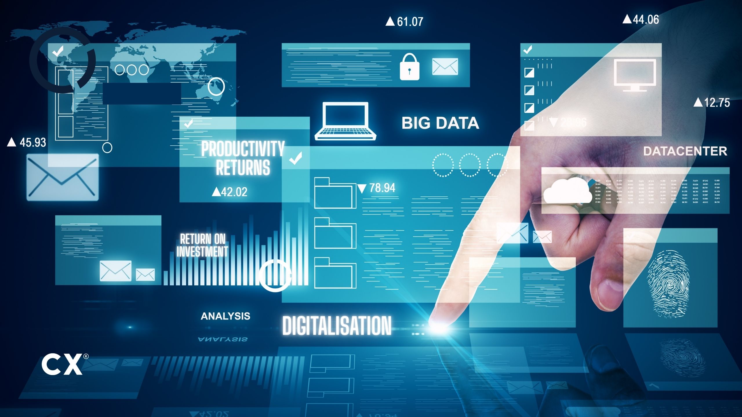 Digital background showing keywords digitalisation, return on investment, and productivity returns, highlighting how digital tools improve efficiency and back office performance for NZ SMEs.