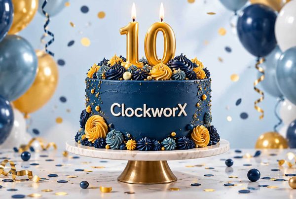 Navy and gold ClockworX birthday cake with number 10 candles